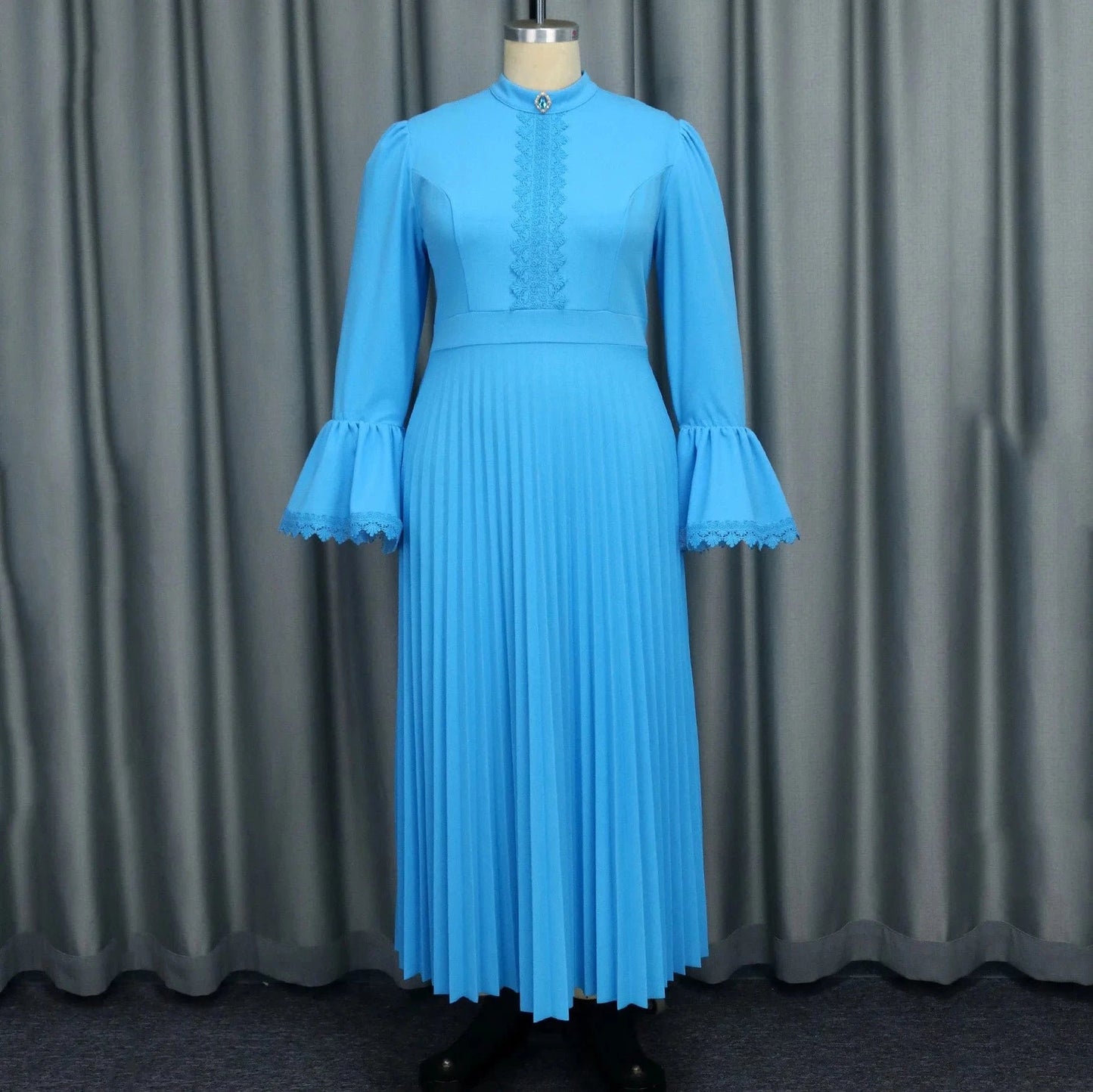 Luxury Blue Dresses for Woman Pleated Flare Sleeve Lace Patchwork Ankle Length Elegant High Quality Female Birthday Party Dress