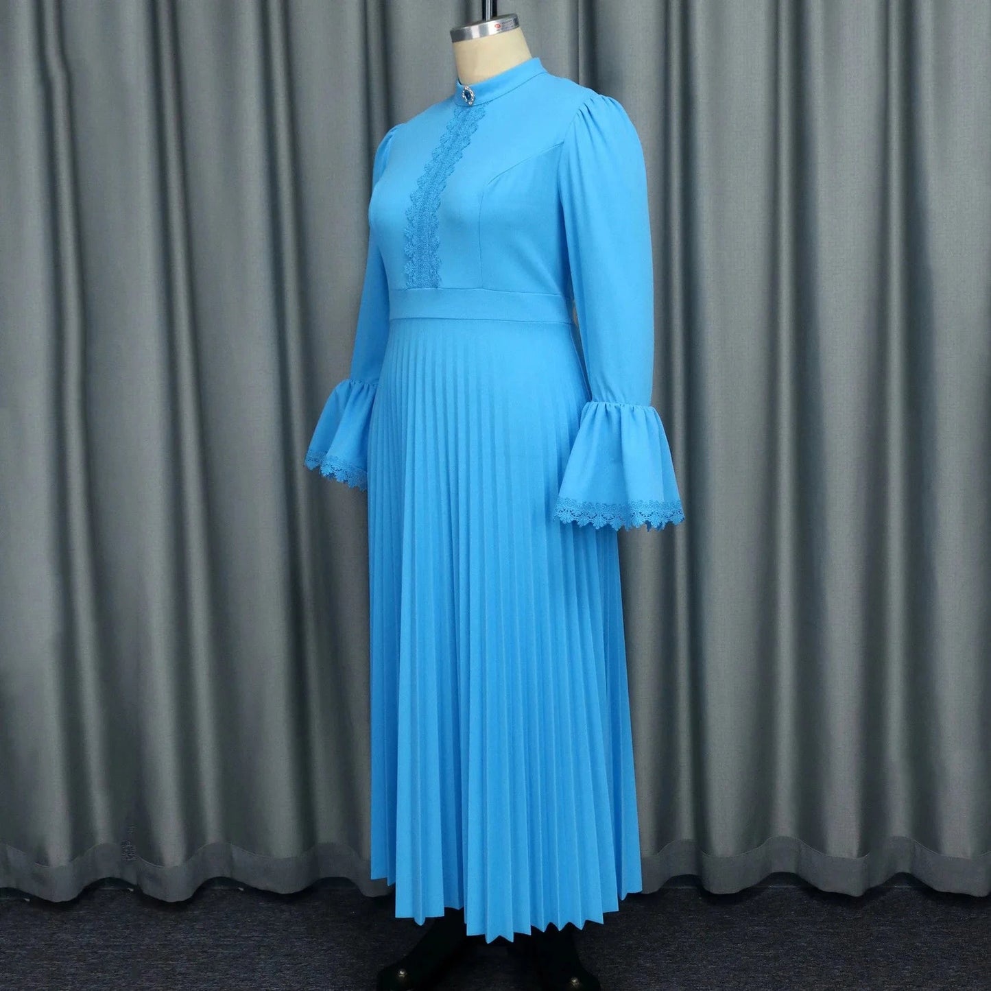 Luxury Blue Dresses for Woman Pleated Flare Sleeve Lace Patchwork Ankle Length Elegant High Quality Female Birthday Party Dress