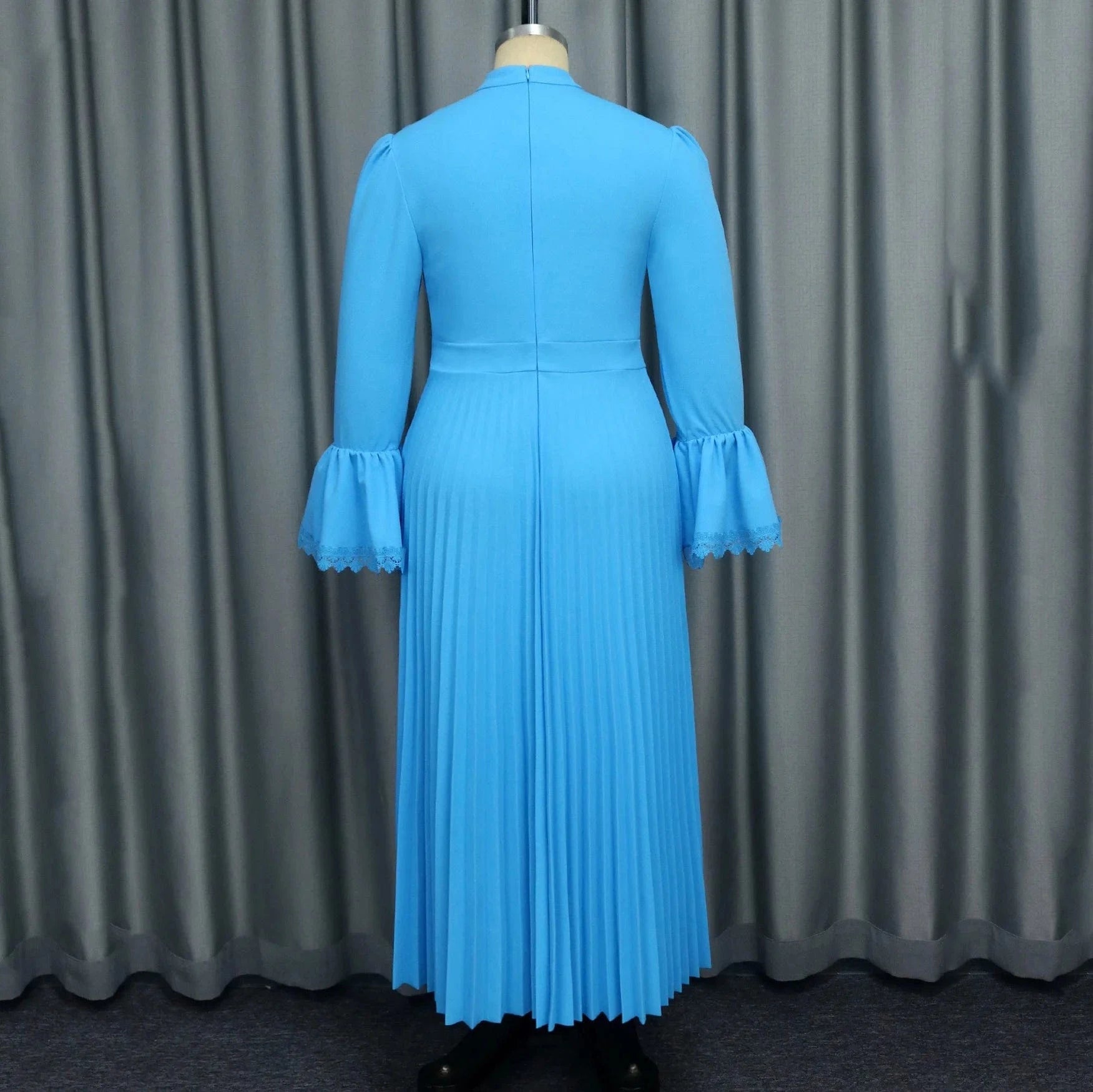 Luxury Blue Dresses for Woman Pleated Flare Sleeve Lace Patchwork Ankle Length Elegant High Quality Female Birthday Party Dress