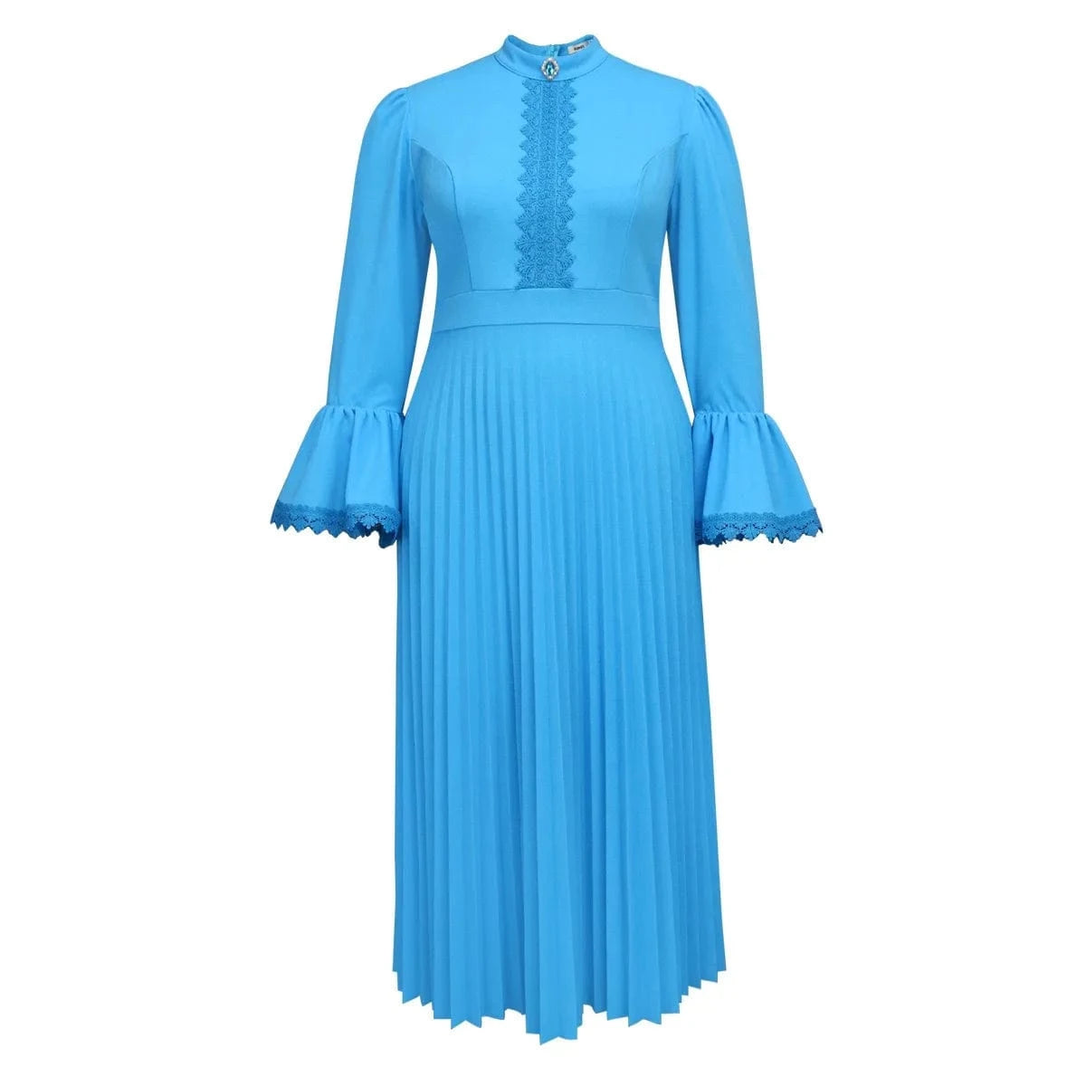 Luxury Blue Dresses for Woman Pleated Flare Sleeve Lace Patchwork Ankle Length Elegant High Quality Female Birthday Party Dress