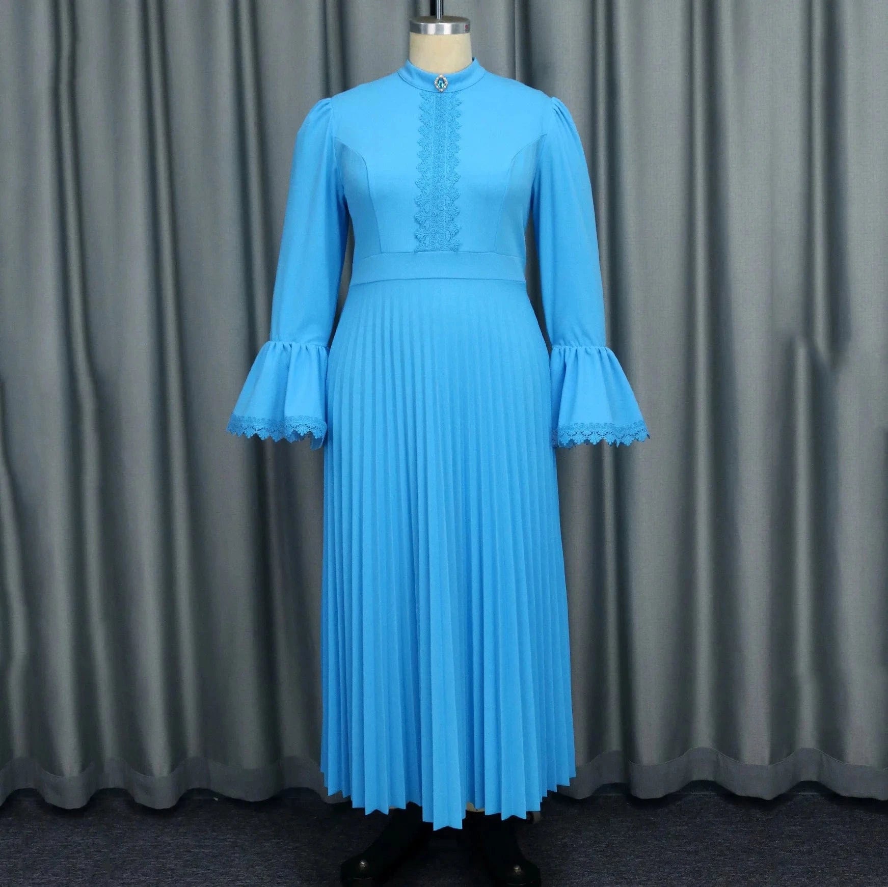 Luxury Blue Dresses for Woman Pleated Flare Sleeve Lace Patchwork Ankle Length Elegant High Quality Female Birthday Party Dress