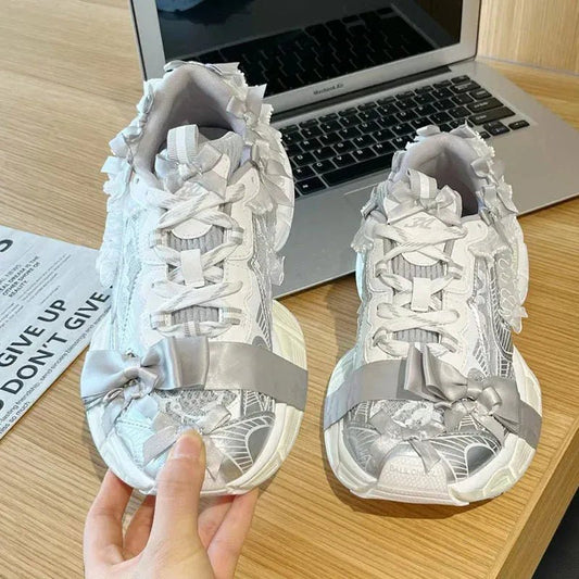 Luxury Brand Thick - soled Sports Shoes Women Bow Tie Casual Run Shoe Versatile Mesh Breathe Comfort Outdoor Large Size Women Shoe - SN Wigs & More