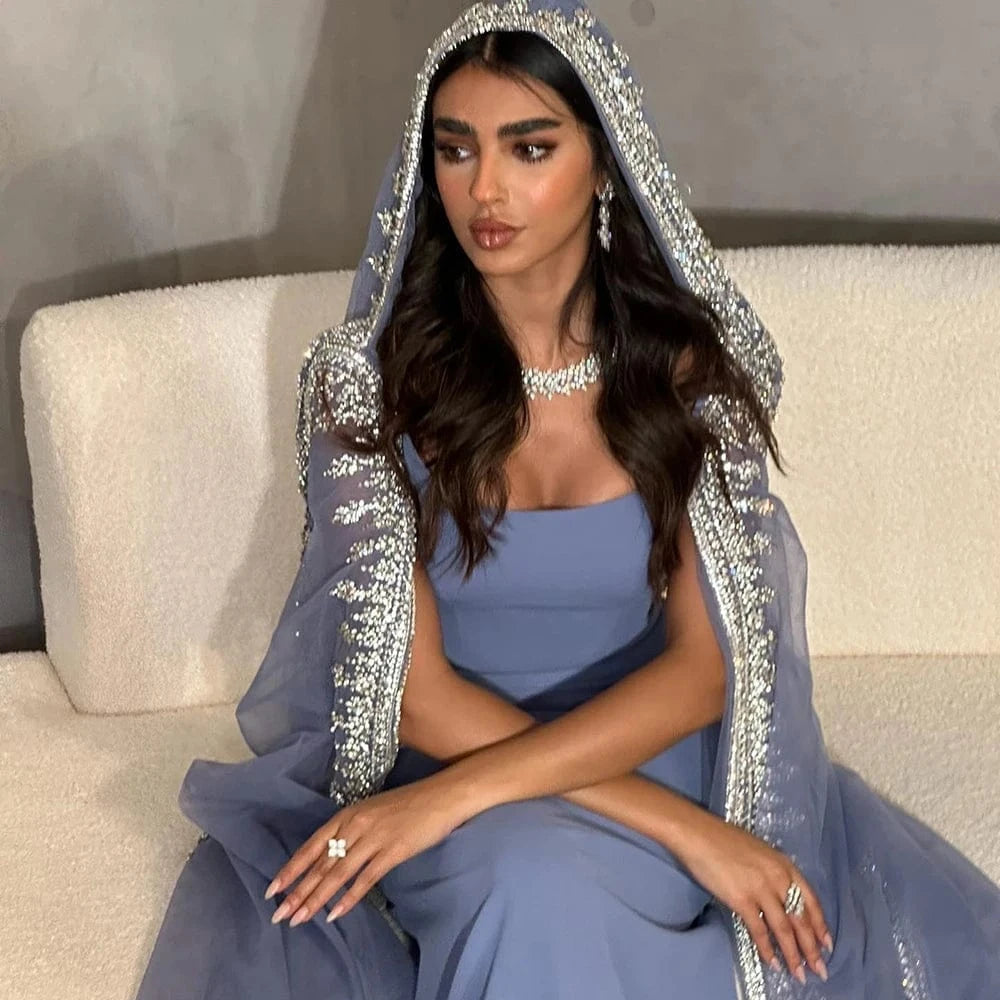 Luxury Crystal Blue Mermaid Dubai Evening Dresses with Cape Sleeves Elegant Arabic Women Wedding Party Gowns SZ445