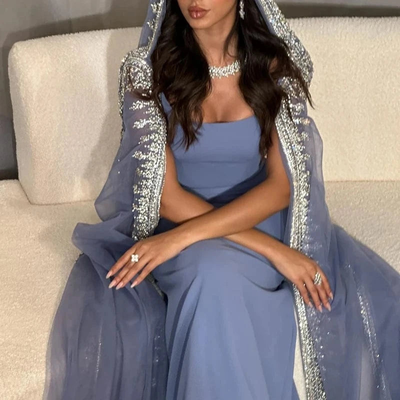 Luxury Crystal Blue Mermaid Dubai Evening Dresses with Cape Sleeves Elegant Arabic Women Wedding Party Gowns SZ445