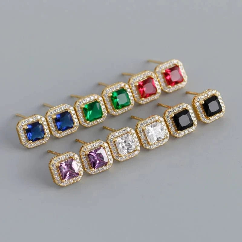 Luxury Cubic Zircon Square Shape Colorful Wedding Stud Earrings Wholesale 925 Sterling Silver Jewelry Gifts