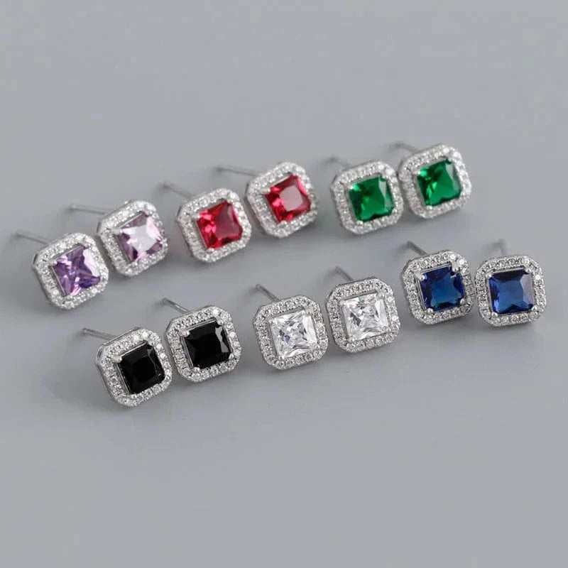 Luxury Cubic Zircon Square Shape Colorful Wedding Stud Earrings Wholesale 925 Sterling Silver Jewelry Gifts