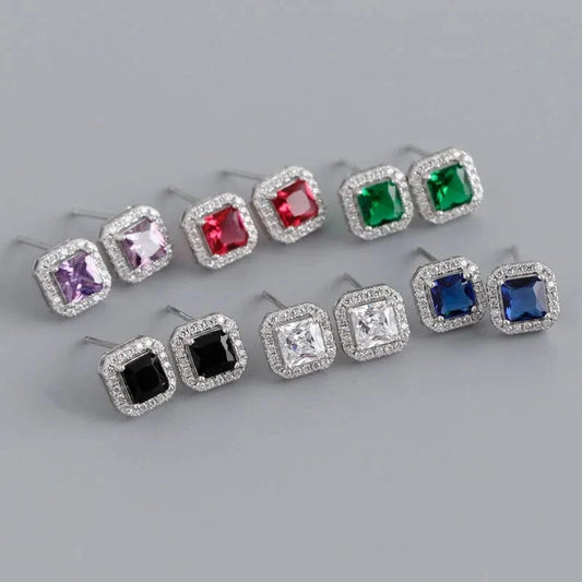 Luxury Cubic Zircon Square Shape Colorful Wedding Stud Earrings Wholesale 925 Sterling Silver Jewelry Gifts