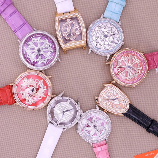 Luxury Davena Spin Snow Flower Women's Watch Japan Mov't Crystal Lady Hours Fine Fashion Real Leather Bracelet Girl's Gift Box