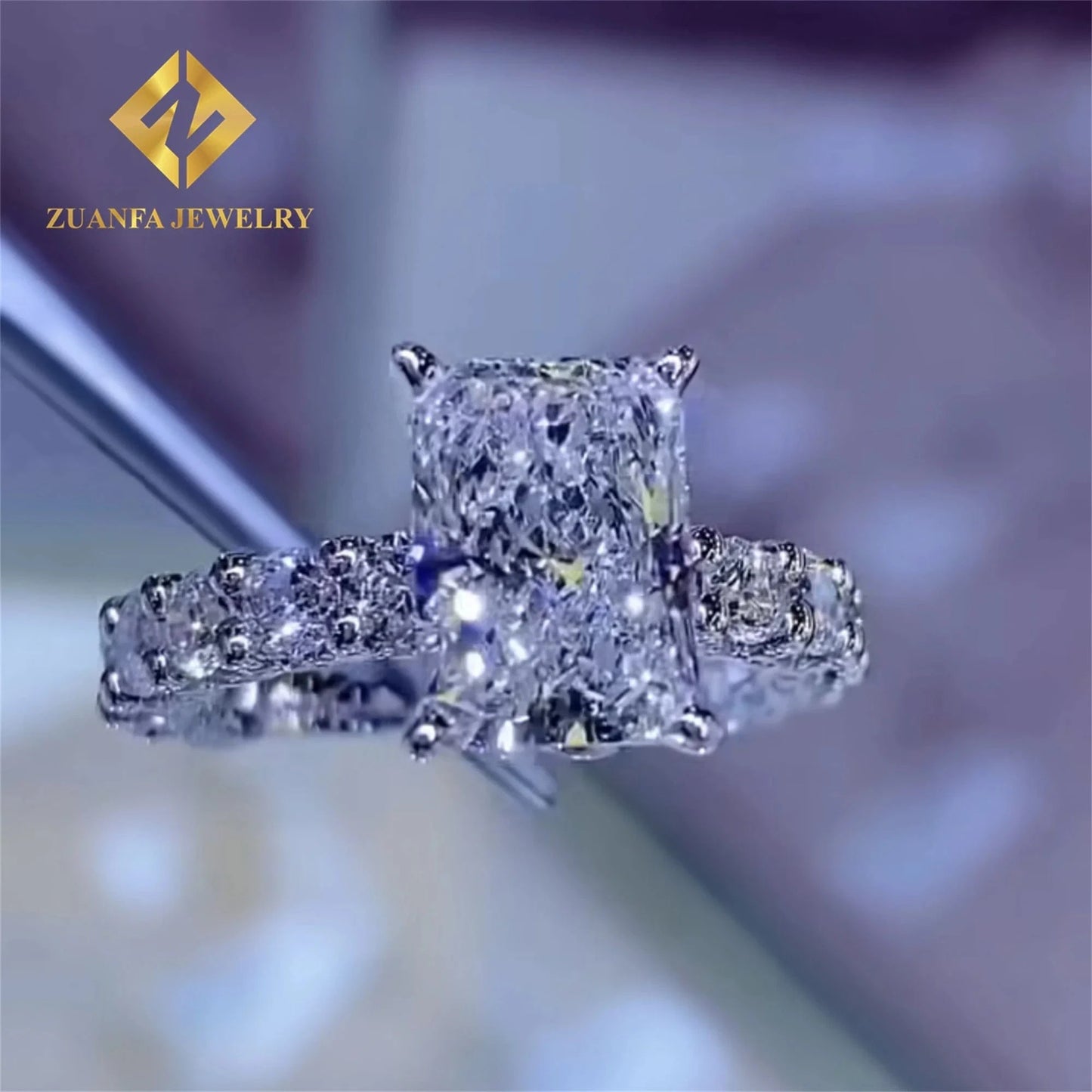 luxury design Women Wedding Ring Jewelry  925 silver 10K White gold Crushed  Radiant Moissanite Diamond engagement ring