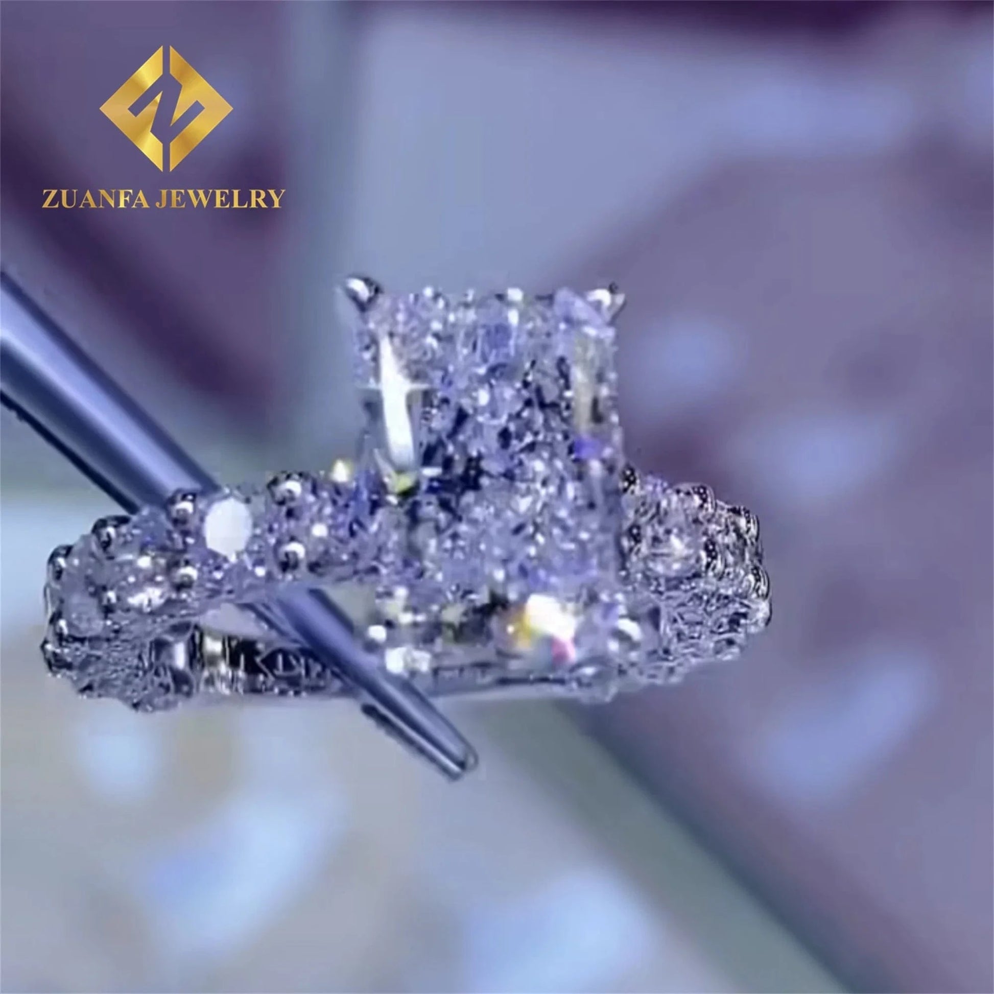 luxury design Women Wedding Ring Jewelry  925 silver 10K White gold Crushed  Radiant Moissanite Diamond engagement ring