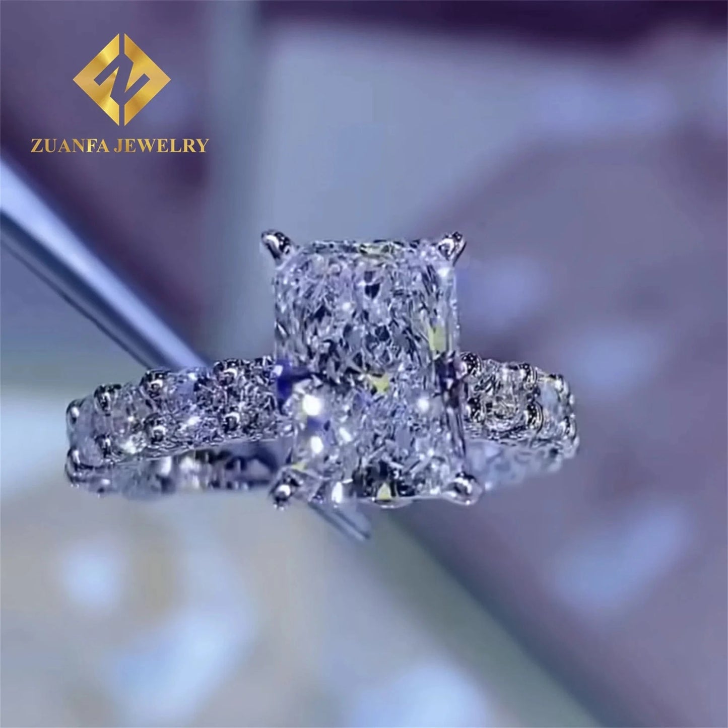luxury design Women Wedding Ring Jewelry  925 silver 10K White gold Crushed  Radiant Moissanite Diamond engagement ring