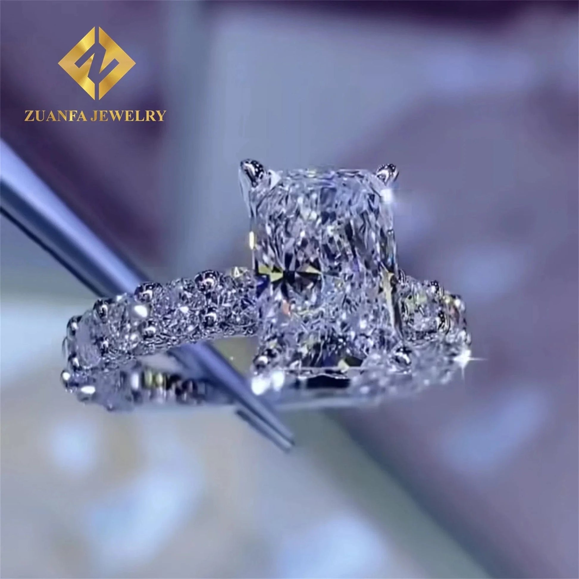 luxury design Women Wedding Ring Jewelry  925 silver 10K White gold Crushed  Radiant Moissanite Diamond engagement ring