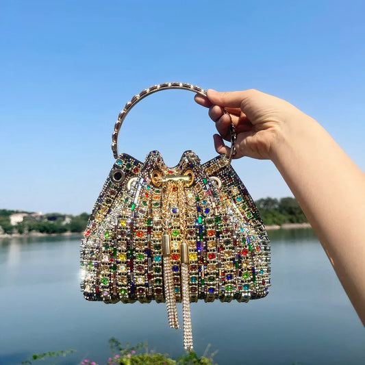 Luxury Designer Evening Bags for Women Bucket Clutch Shoulder Bag with Crystal Rhinestone for Banquets