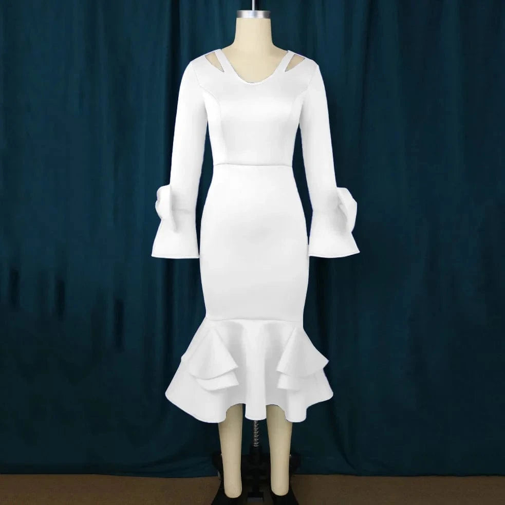 Luxury Dresses for Women V Neck Flare Sleeve Sheath White Blue High Quality Female Birthday Party Dinner Wear Mermaid Dress Robe