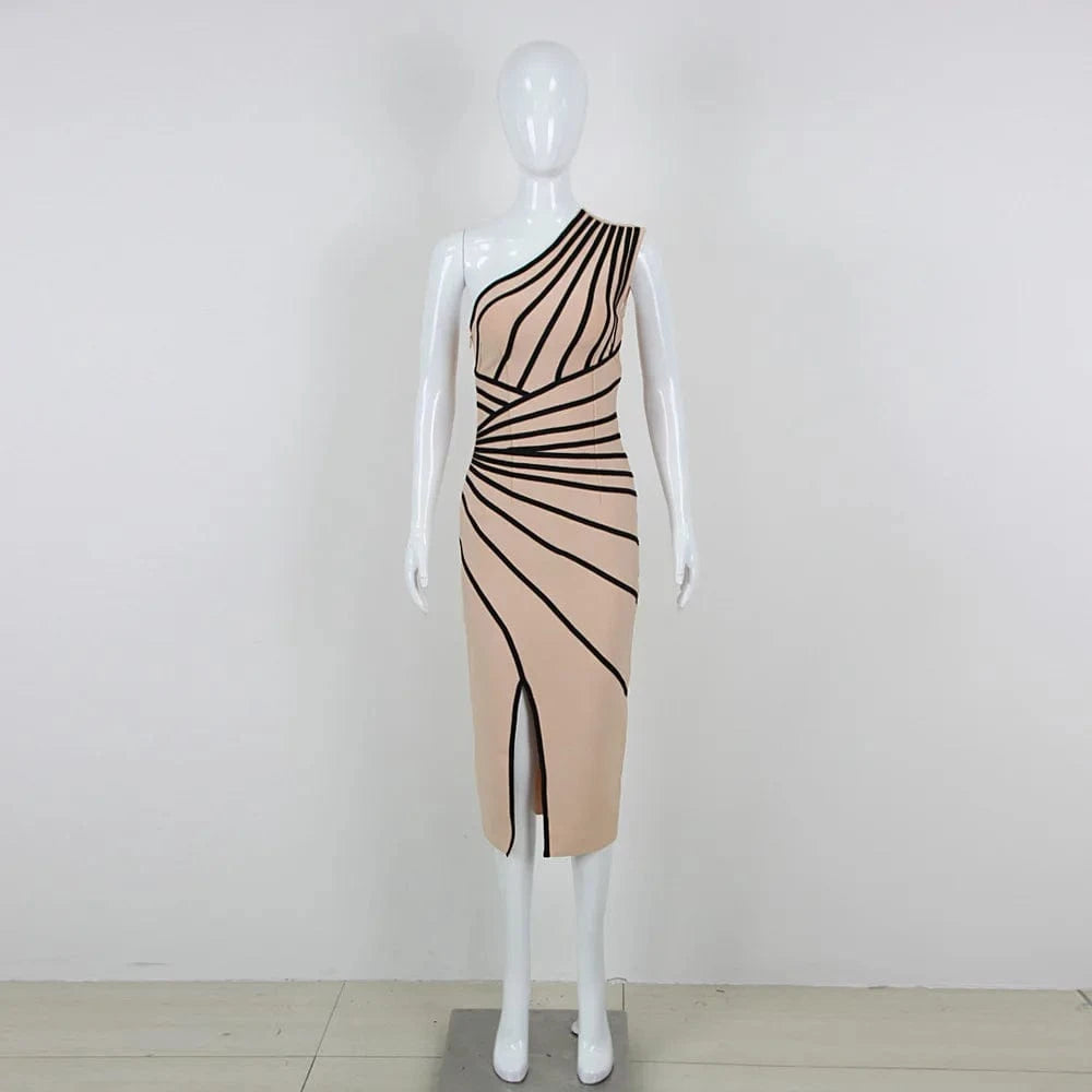 Luxury Dresses Women Elegant Striated Bodycon Dress Sexy One Shoulder Bandage Dresses