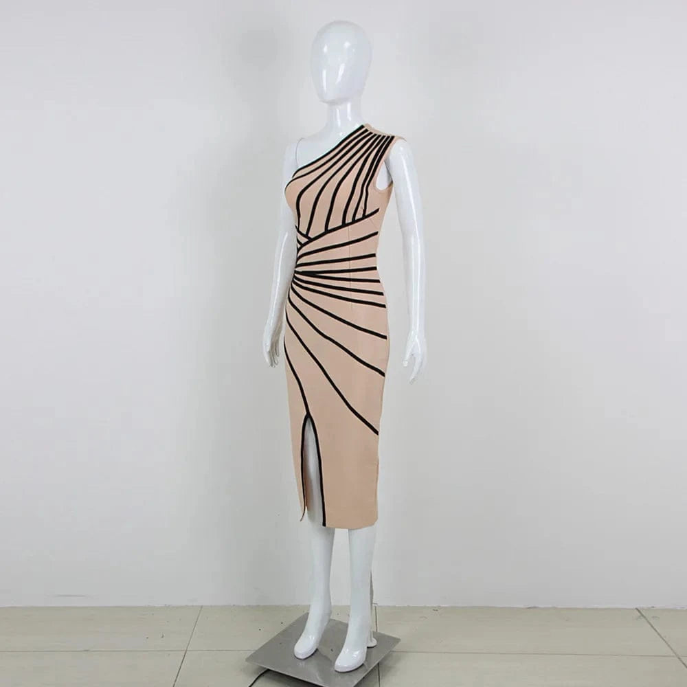 Luxury Dresses Women Elegant Striated Bodycon Dress Sexy One Shoulder Bandage Dresses