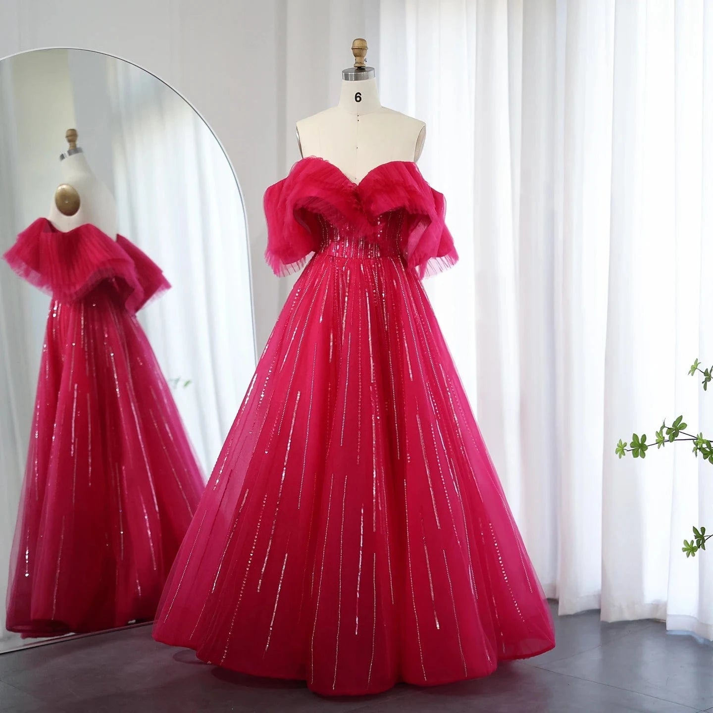 Luxury Dubai Ball Gown Fuchsia Evening Dress For Women Wedding 2023 Off Shoulder Arabic Celebrity Party Gown Sz390-2
