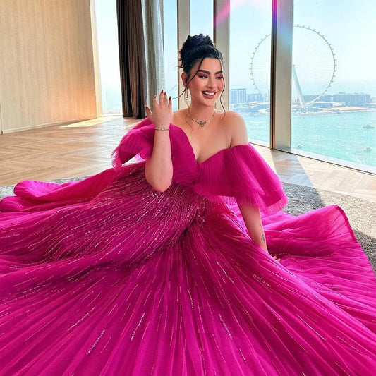 Luxury Dubai Ball Gown Fuchsia Evening Dress For Women Wedding 2023 Off Shoulder Arabic Celebrity Party Gown Sz390-2