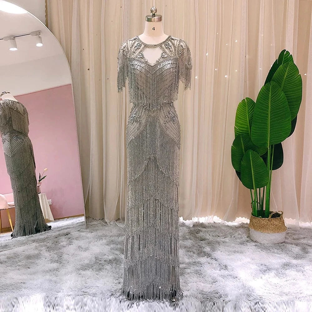 Luxury Dubai Beading Tassel Gray Evening Dresses Mermaid Arabic Formal Prom Dresses For Women Wedding Party Scz143-2