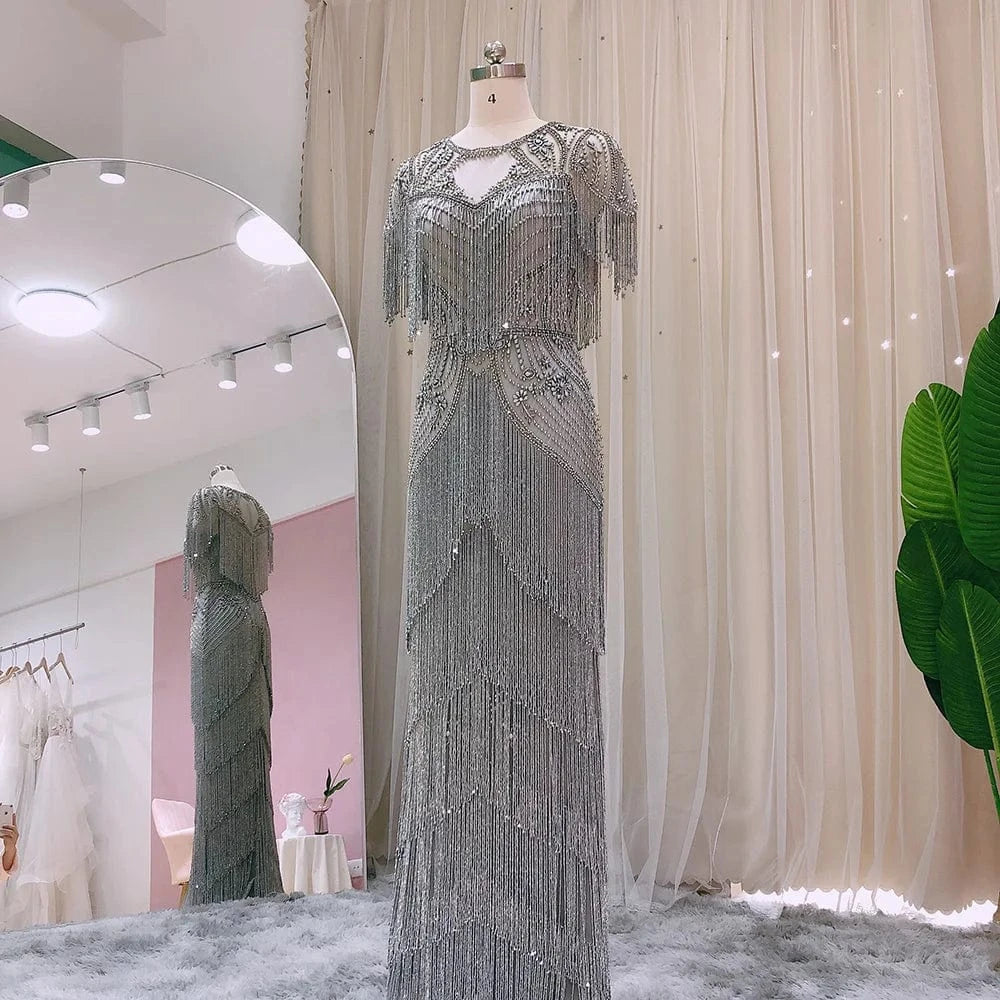 Luxury Dubai Beading Tassel Gray Evening Dresses Mermaid Arabic Formal Prom Dresses For Women Wedding Party Scz143-2