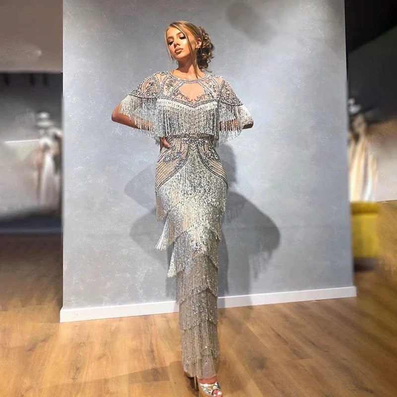 Luxury Dubai Beading Tassel Gray Evening Dresses Mermaid Arabic Formal Prom Dresses For Women Wedding Party Scz143-2
