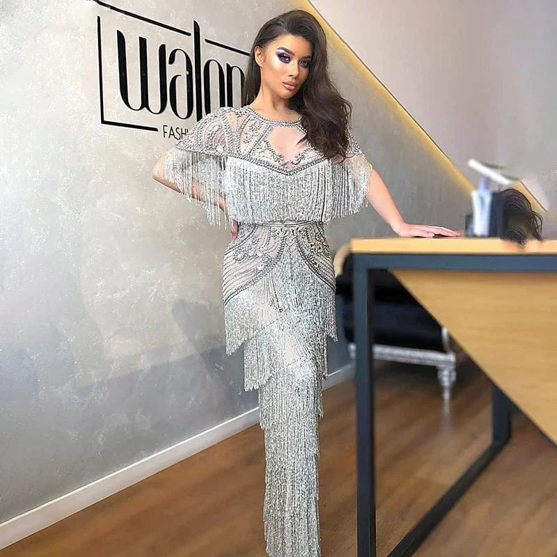Luxury Dubai Beading Tassel Gray Evening Dresses Mermaid Arabic Formal Prom Dresses For Women Wedding Party Scz143-2