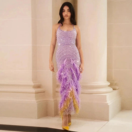 Luxury Dubai Feathers Lilac Evening Dresses 2023 Elegant Halter Mermaid Arabic Women Wedding Party Prom Gowns Scz208