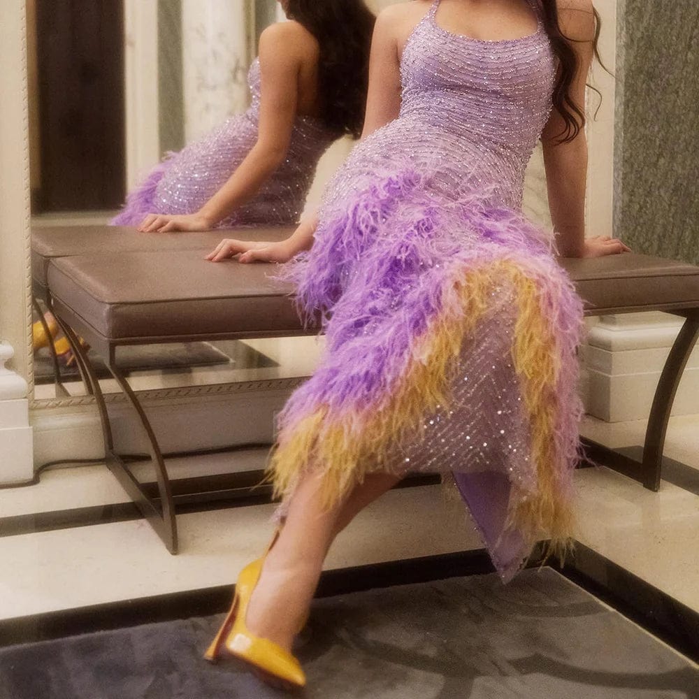 Luxury Dubai Feathers Lilac Evening Dresses 2023 Elegant Halter Mermaid Arabic Women Wedding Party Prom Gowns Scz208