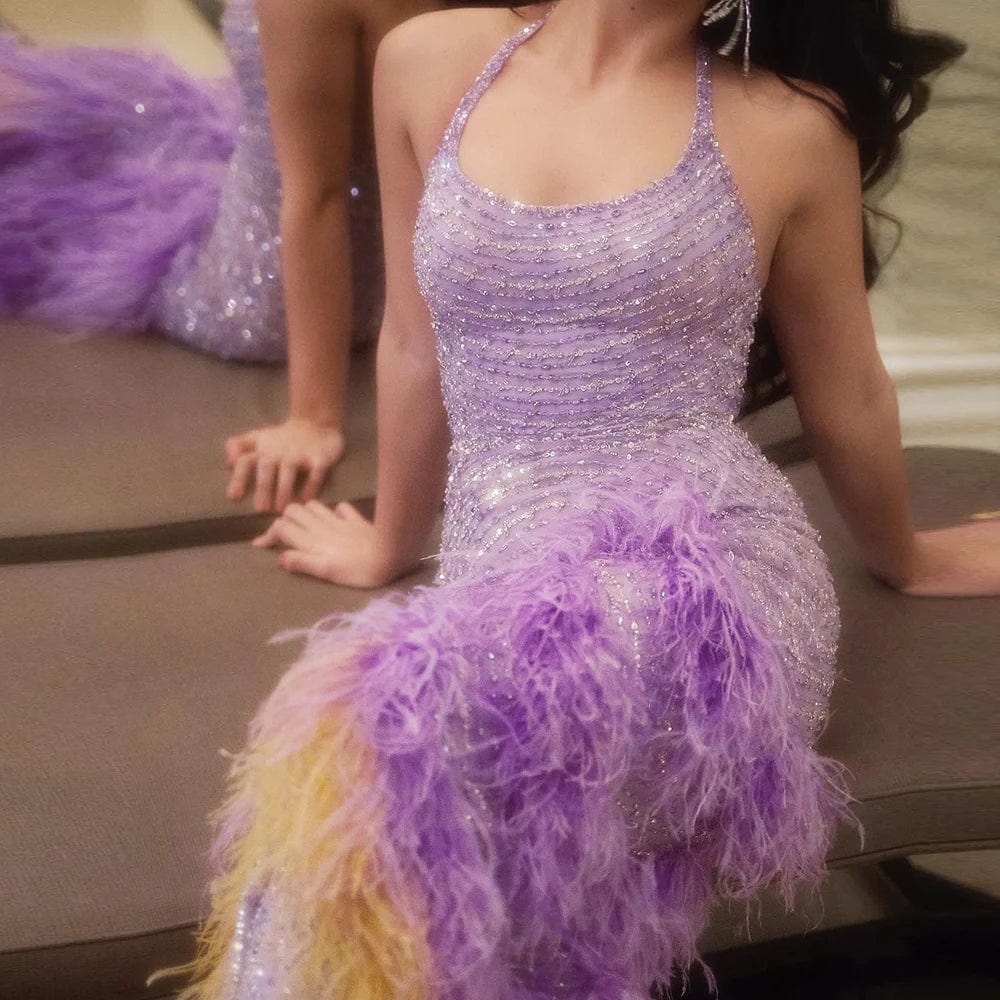 Luxury Dubai Feathers Lilac Evening Dresses 2023 Elegant Halter Mermaid Arabic Women Wedding Party Prom Gowns Scz208