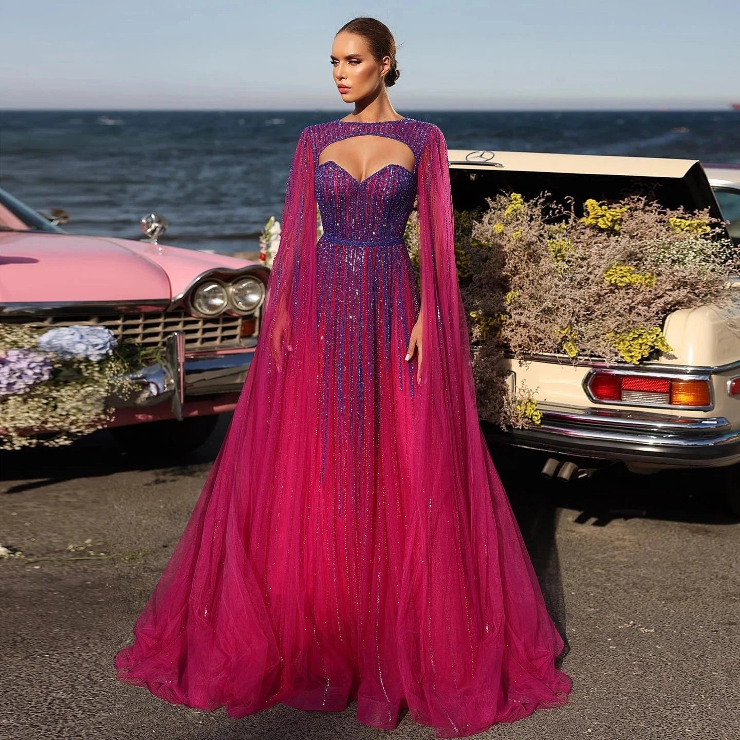 Luxury Dubai Fuchsia Evening Dress With Cape Sleeves 2024 Emerald Green Arabic Women Wedding Party Dresses Sz386