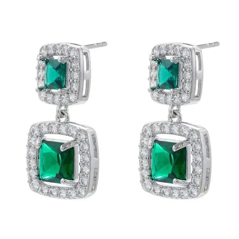 Luxury Female Green Pink Zircon Crystal Stud Earrings Gold Plated Vintage Geometric Double Square Drop Earrings Women Jewelry