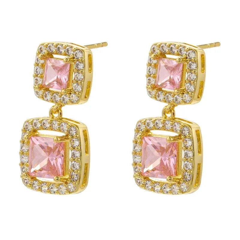 Luxury Female Green Pink Zircon Crystal Stud Earrings Gold Plated Vintage Geometric Double Square Drop Earrings Women Jewelry