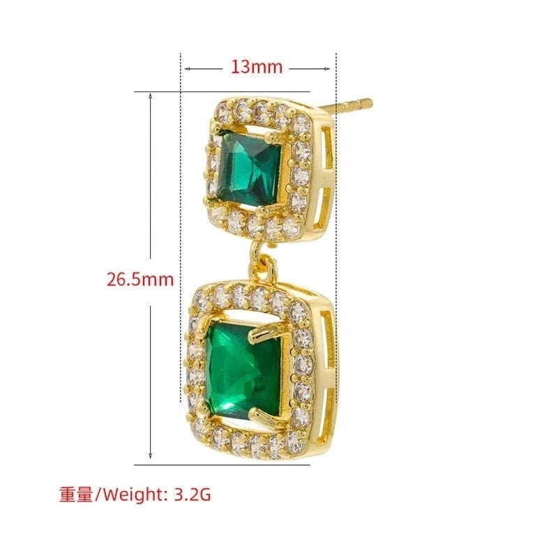 Luxury Female Green Pink Zircon Crystal Stud Earrings Gold Plated Vintage Geometric Double Square Drop Earrings Women Jewelry