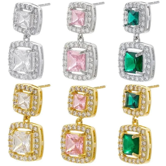 Luxury Female Green Pink Zircon Crystal Stud Earrings Gold Plated Vintage Geometric Double Square Drop Earrings Women Jewelry