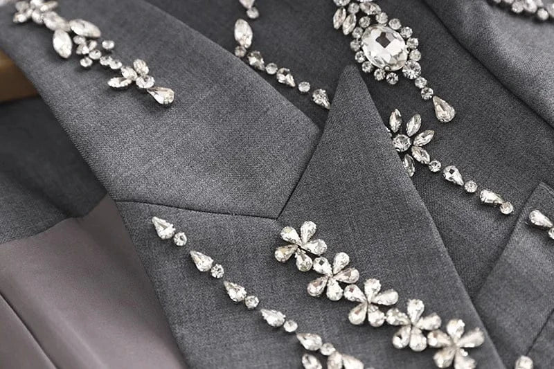 Luxury Fine Workmanship Rhinestone Beading Double-breasted Long Sleeve Women Office Blazer Short Mini Notched Dress