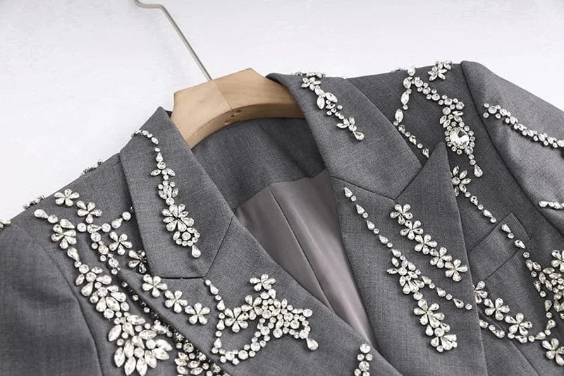Luxury Fine Workmanship Rhinestone Beading Double-breasted Long Sleeve Women Office Blazer Short Mini Notched Dress