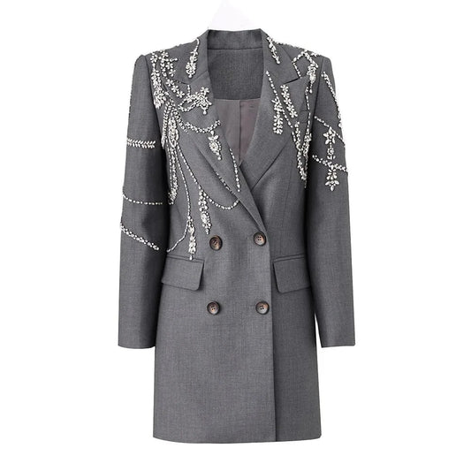 Luxury Fine Workmanship Rhinestone Beading Double-breasted Long Sleeve Women Office Blazer Short Mini Notched Dress
