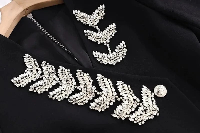 Luxury Fine Workmanship Rhinestone Beading V-neckline Long Sleeve Women Office Blazer Short Mini Slim Dress