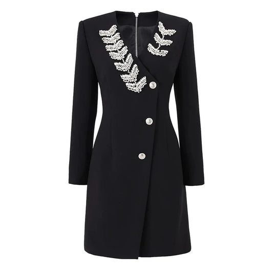 Luxury Fine Workmanship Rhinestone Beading V-neckline Long Sleeve Women Office Blazer Short Mini Slim Dress