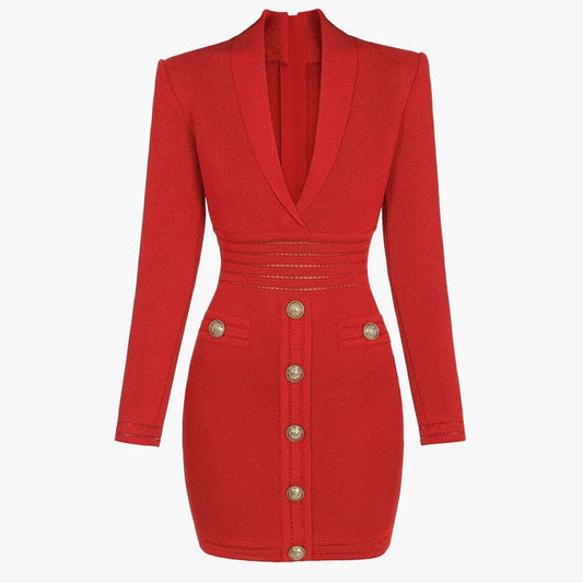 Luxury Fine Workmanship Rhinestone Beading V-neckline Long Sleeve Women Office Blazer Short Mini Slim Dress