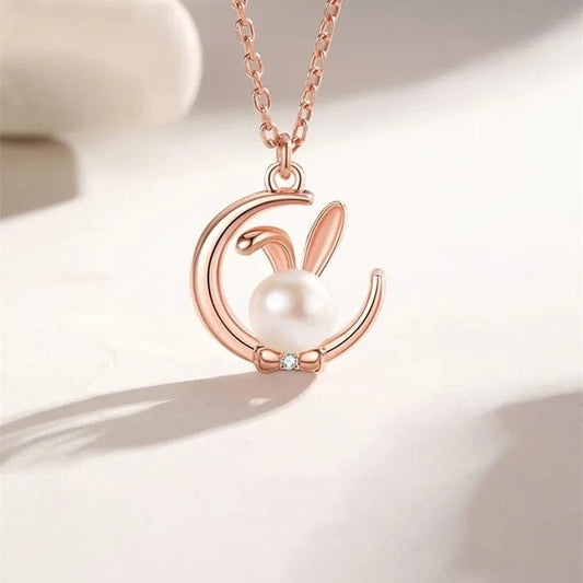 Luxury Freshwater Pearl 925 Sterling Silver Moon Rabbit Pendant Necklace Women Gift