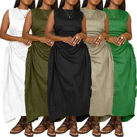 luxury ladies women's elegant casual lounge office wear white drawstring side sleeveless midi summer 2024 dress with drawstring