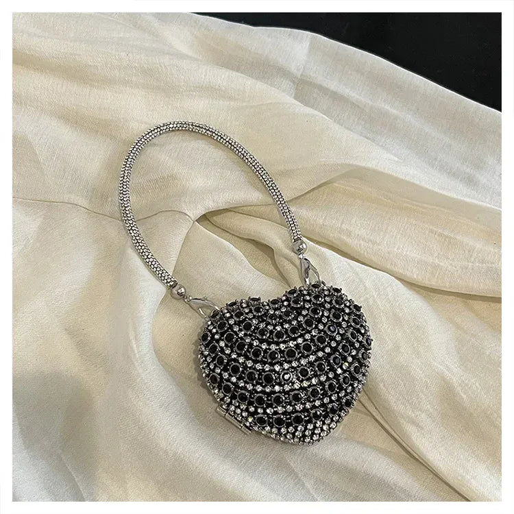 Luxury Mini Diamond Inlay Heart Shape Crystal Clutch Purse Stones Evening Wedding Party Shoulder Bag Handle Rhinestone Handbags