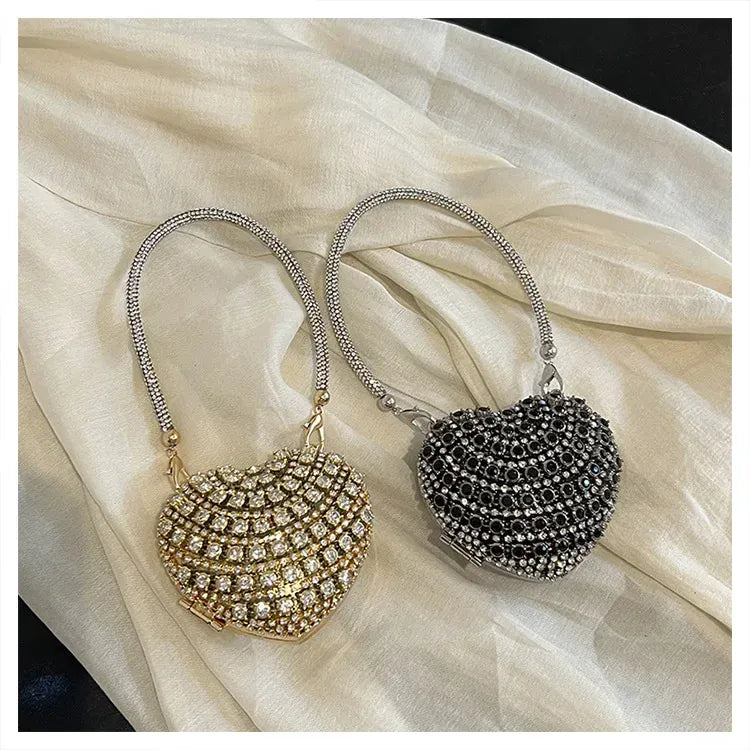 Luxury Mini Diamond Inlay Heart Shape Crystal Clutch Purse Stones Evening Wedding Party Shoulder Bag Handle Rhinestone Handbags