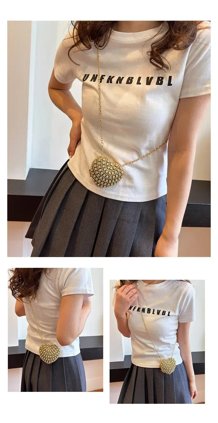 Luxury Mini Diamond Inlay Heart Shape Crystal Clutch Purse Stones Evening Wedding Party Shoulder Bag Handle Rhinestone Handbags