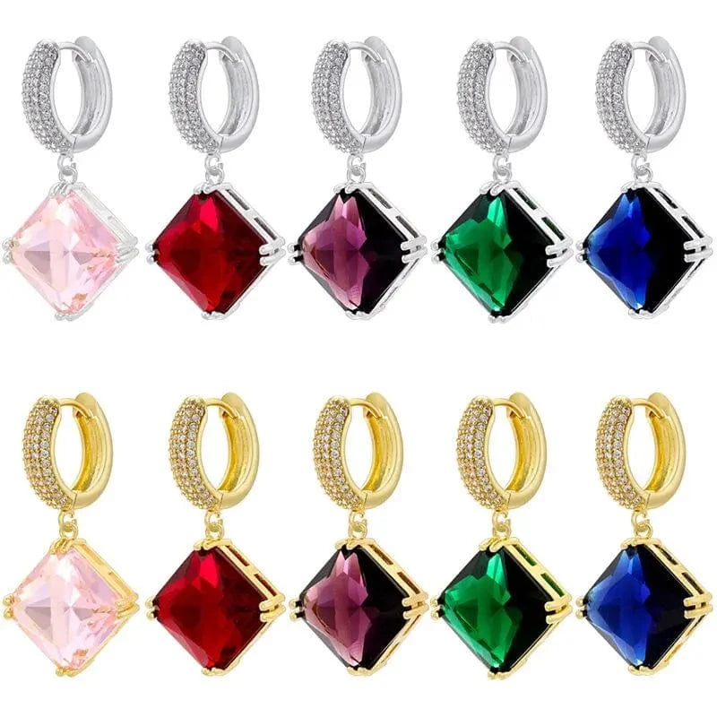 Luxury Multi Color Geometric Crystal Zircon Square Drop Earrings White Gold Plated CZ Chunky Hoop Earrings Girls Ladies Jewelry