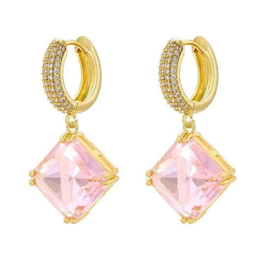 Luxury Multi Color Geometric Crystal Zircon Square Drop Earrings White Gold Plated CZ Chunky Hoop Earrings Girls Ladies Jewelry