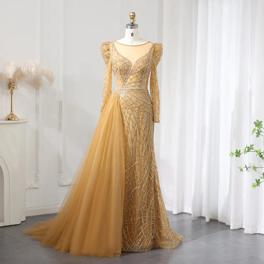 Luxury Muslim Gold Mermaid Beaded Dubai Evening Dresses With Overskirt 2024 Plus Size Women Wedding Party Gown Sz048