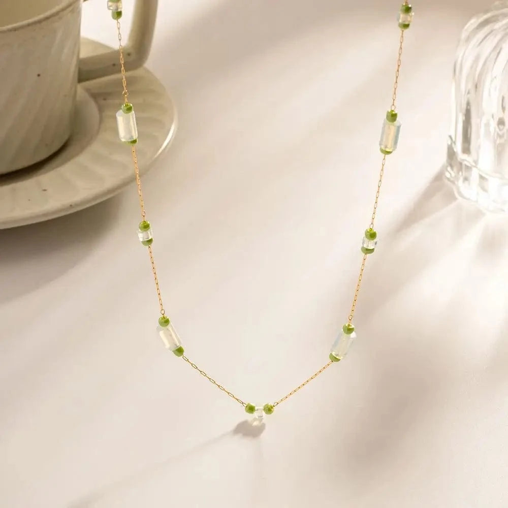 luxury / N2349 N2349 New Arrival 18K Gold Plated Stainless Steel Luxury Green Opal Stone Bead Charm Necklace