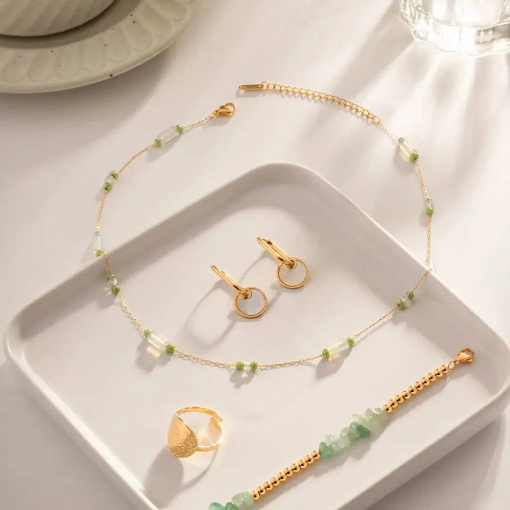 luxury / N2349 N2349 New Arrival 18K Gold Plated Stainless Steel Luxury Green Opal Stone Bead Charm Necklace